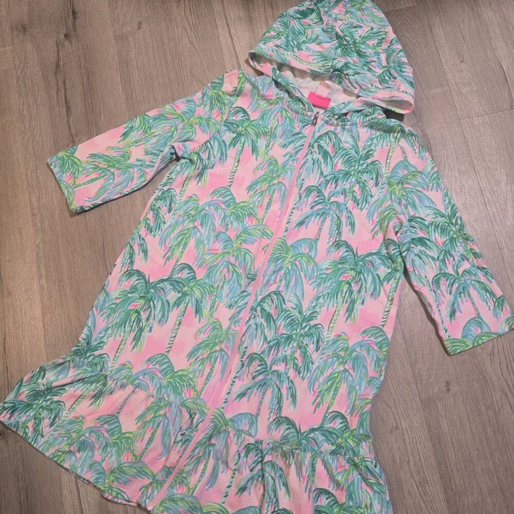 Lilly Pulitzer Palm Tree Hoodie Swim Cover-Up XL12-14 Pink Green Tropical Print